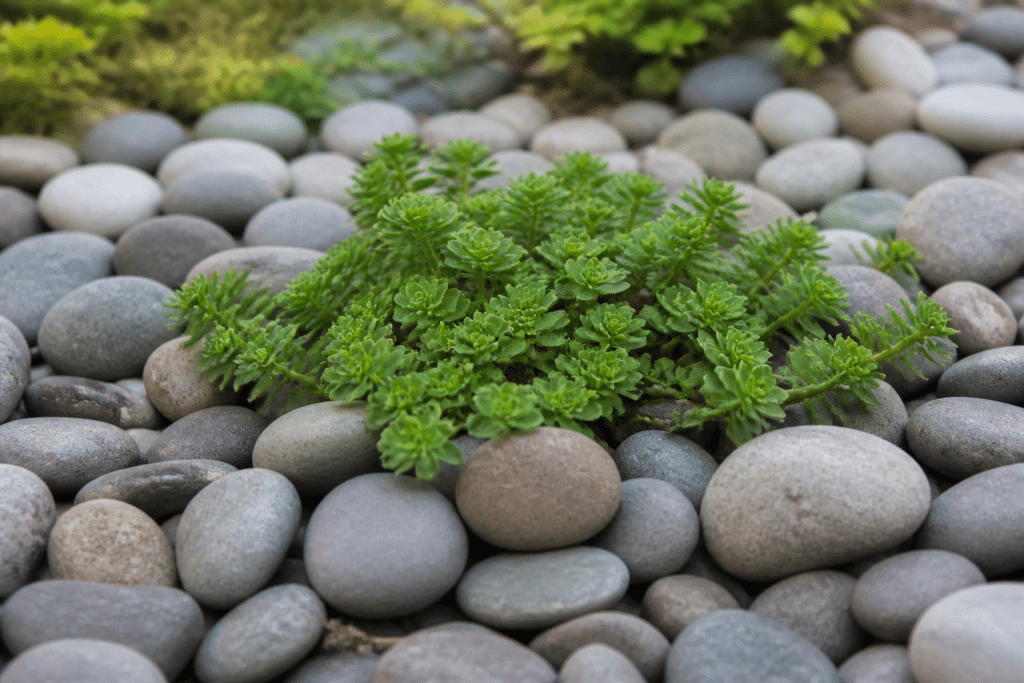 Pierres lisses grises disposees autour plantes vertes miniatures