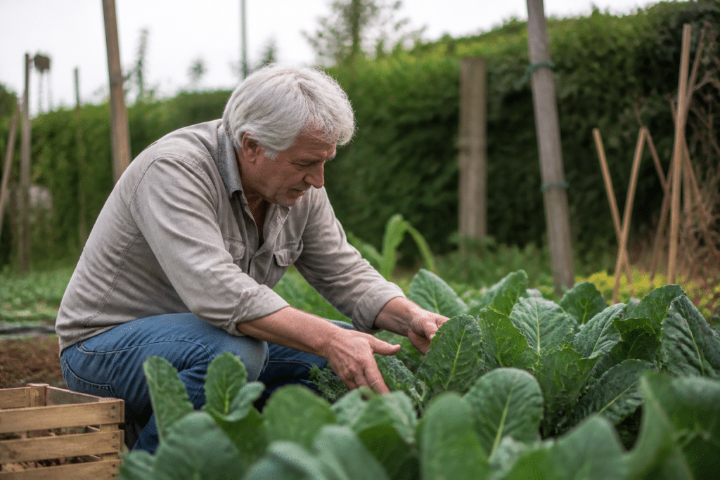 Jardinier observant quotidiennement ses plants de légumes verts