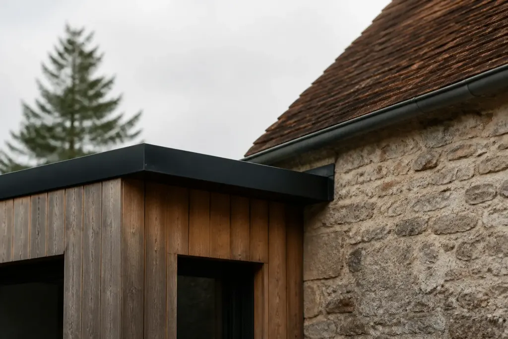 Jonction toiture plate nouvelle construction ancienne maison