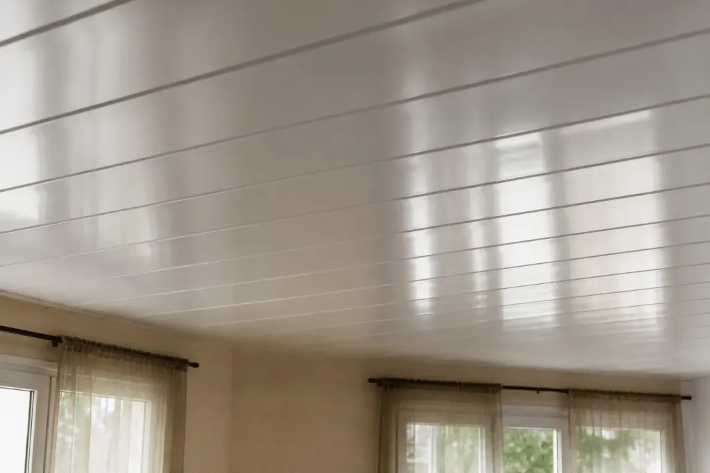 Lames PVC lisses installees sous plafond interieur