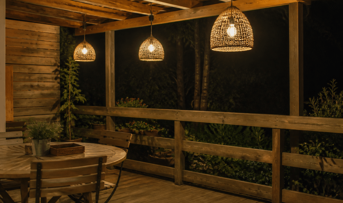 Lampes suspendues eclairant une terrasse en bois la nuit