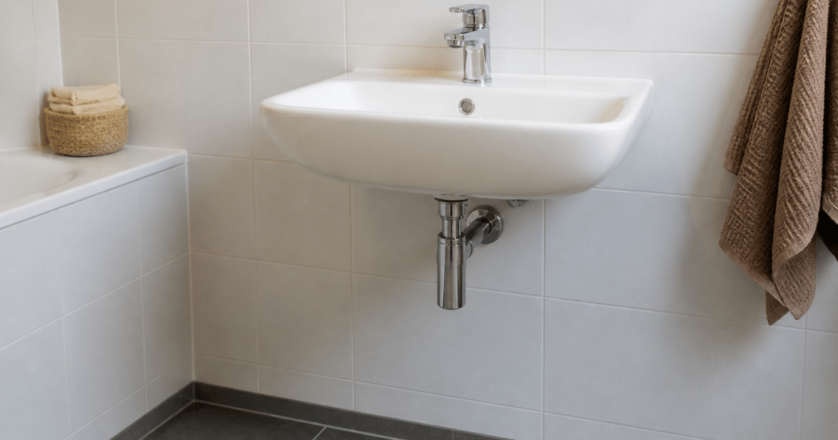 Lavabo blanc fixe au mur a hauteur standard dans salle bains
