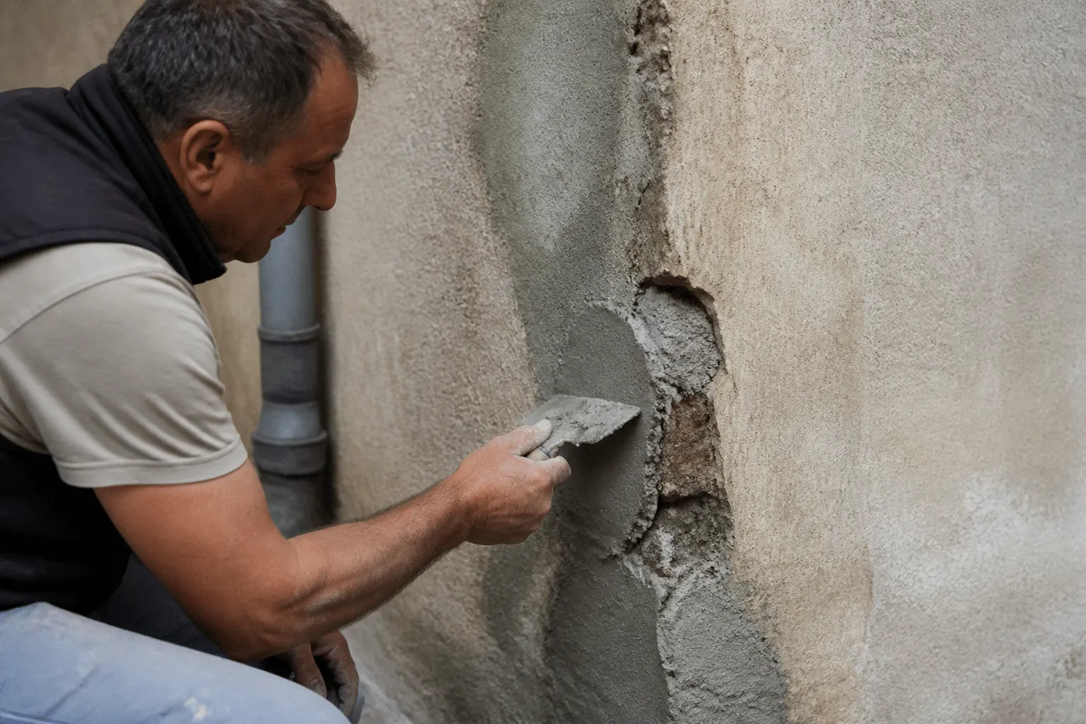 Maçon appliquant du mortier sur coin mur endommagé avec truelle