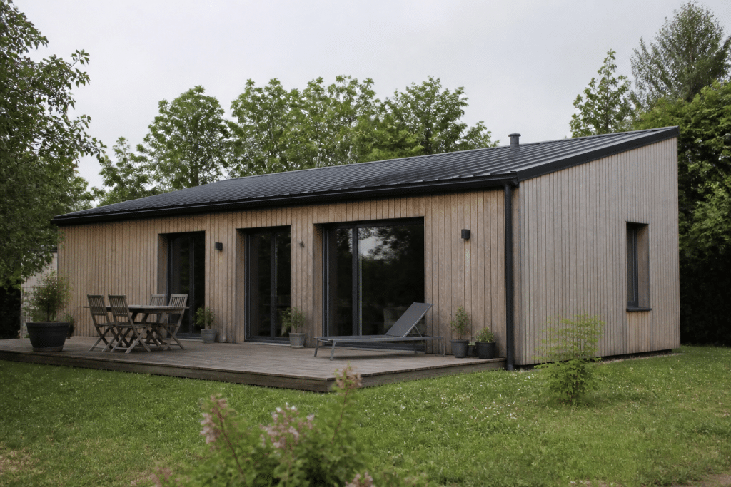 Maison rectangulaire plain-pied avec toiture monopente bac acier