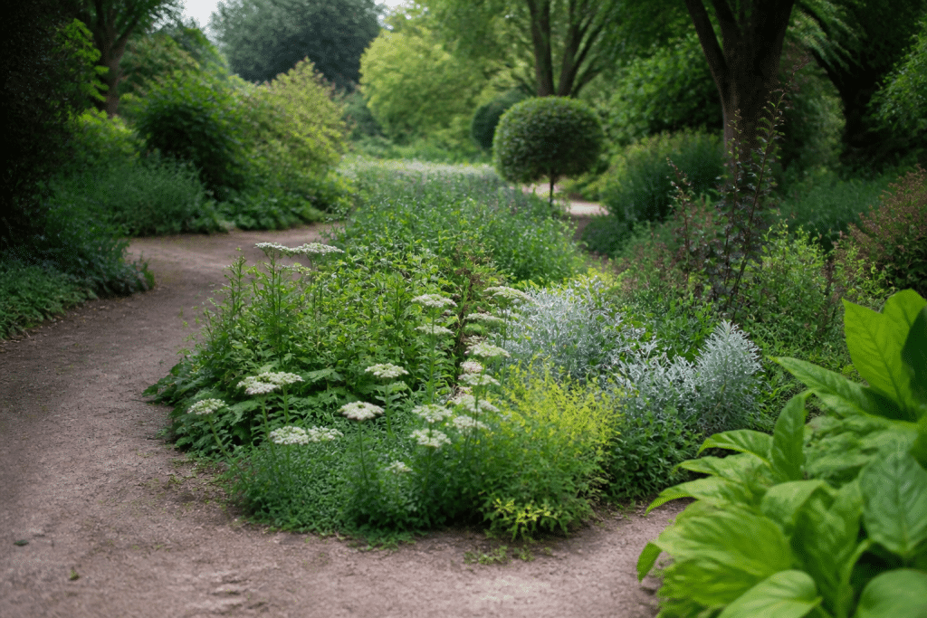 Massif de plantes organisé avec chemins delimitant les zones