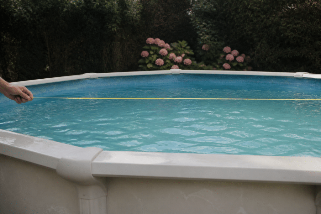 Mètre ruban tendu horizontalement à travers piscine ronde