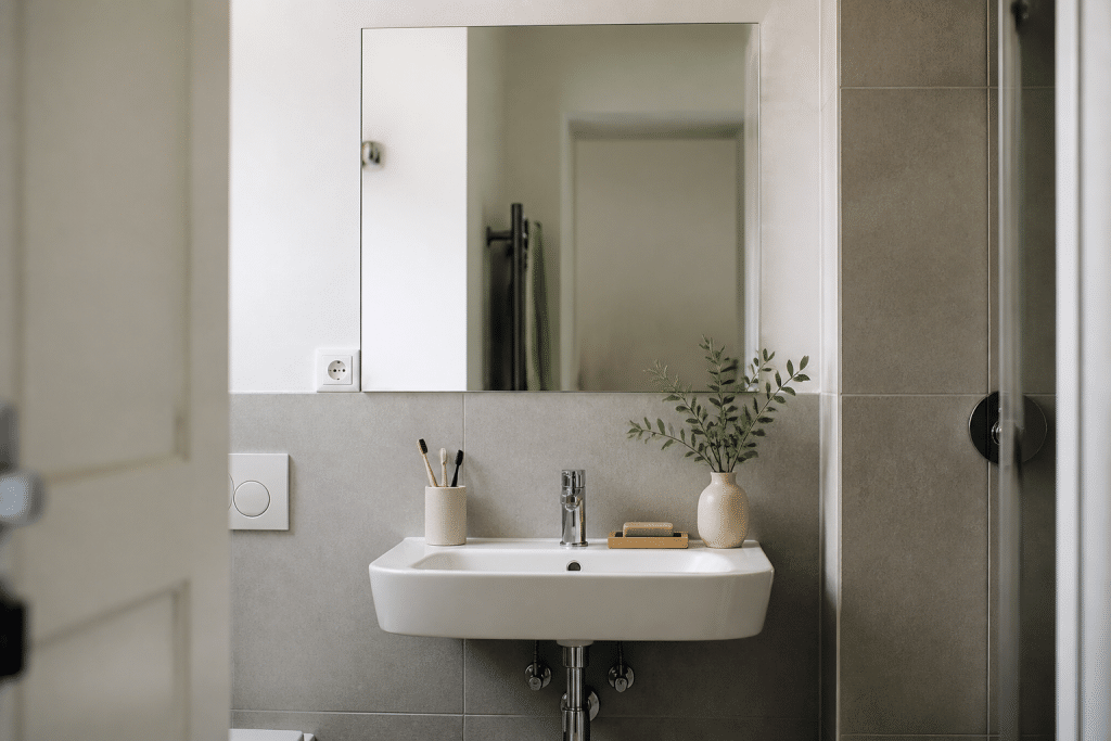 Salle de bain avec miroir aligné au-dessus lavabo blanc