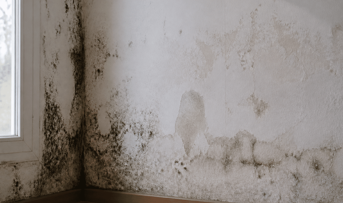Mur interieur degrade avec taches humidite et traces moisi