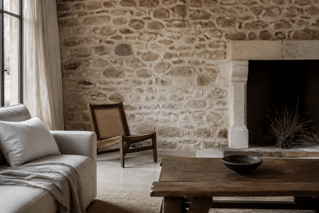 Mur pierre naturelle salon cheminée mobilier épuré neutre