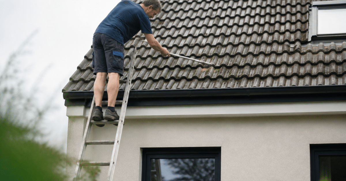 Personne en haut d'echelle nettoyant tuiles grises avec brosse