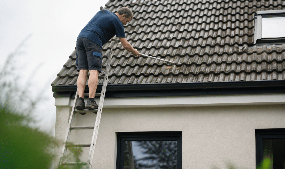 Personne en haut d'echelle nettoyant tuiles grises avec brosse