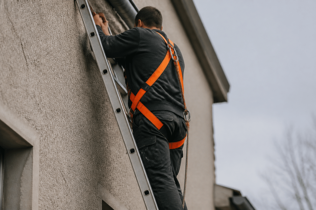Ouvrier securise sur echelle avec harnais orange