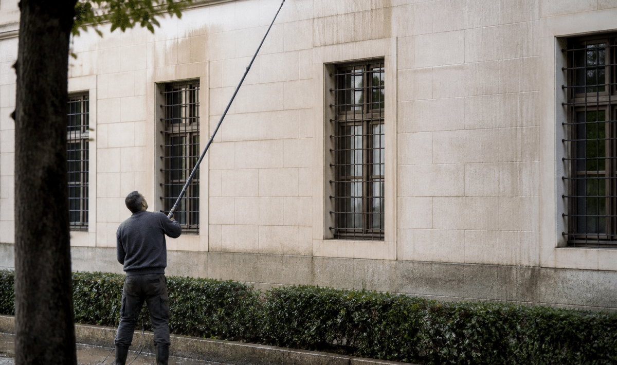 Personne utilisant tuyau long depuis sol pour nettoyer facade
