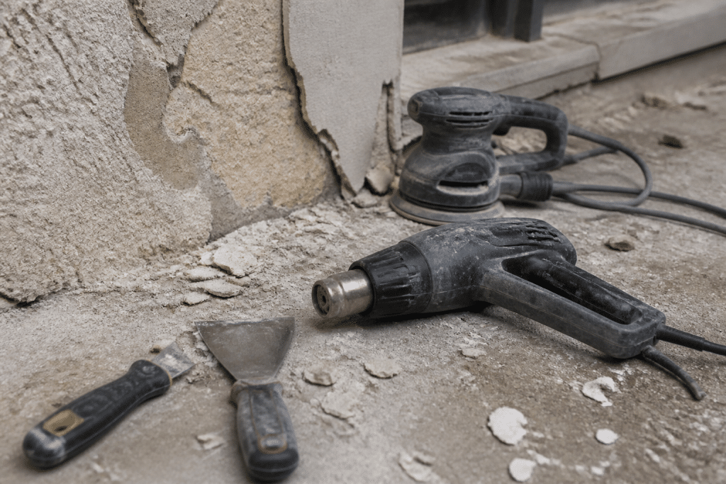 Spatules, decapeur thermique et ponceuse pour enlever crepi