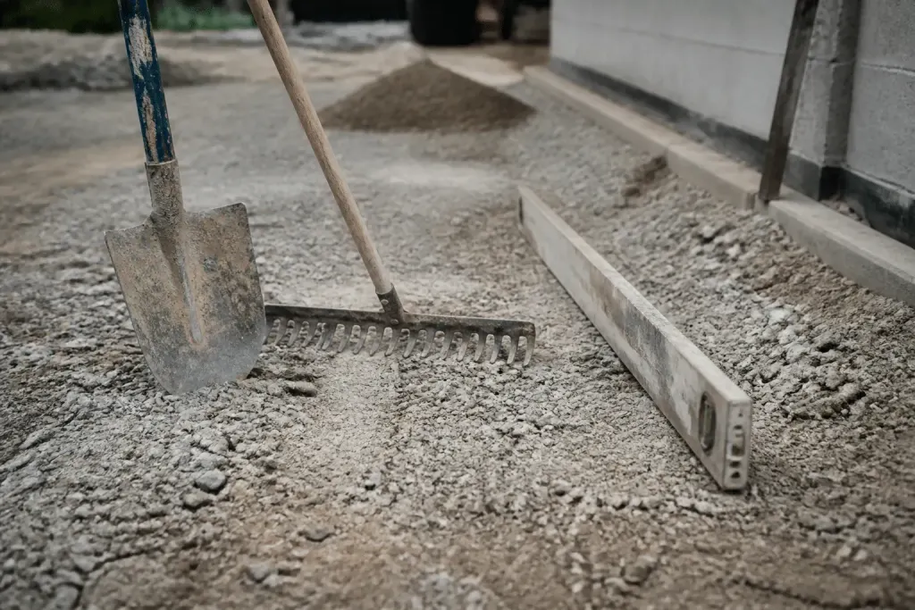 Pelle, râteau, niveau et gravier sur chantier
