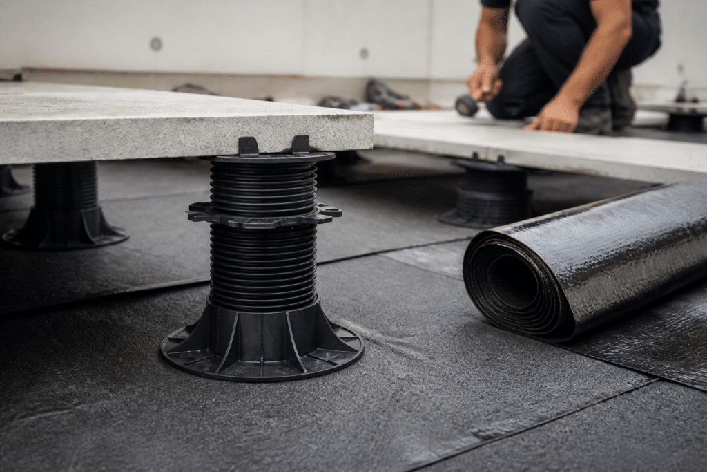 Outils de terrasse avec bande bitumee et plots reglables