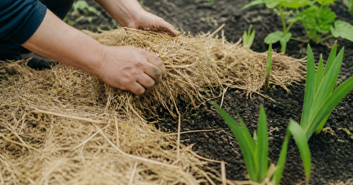 Mains étalant paille brune sur sol jardin