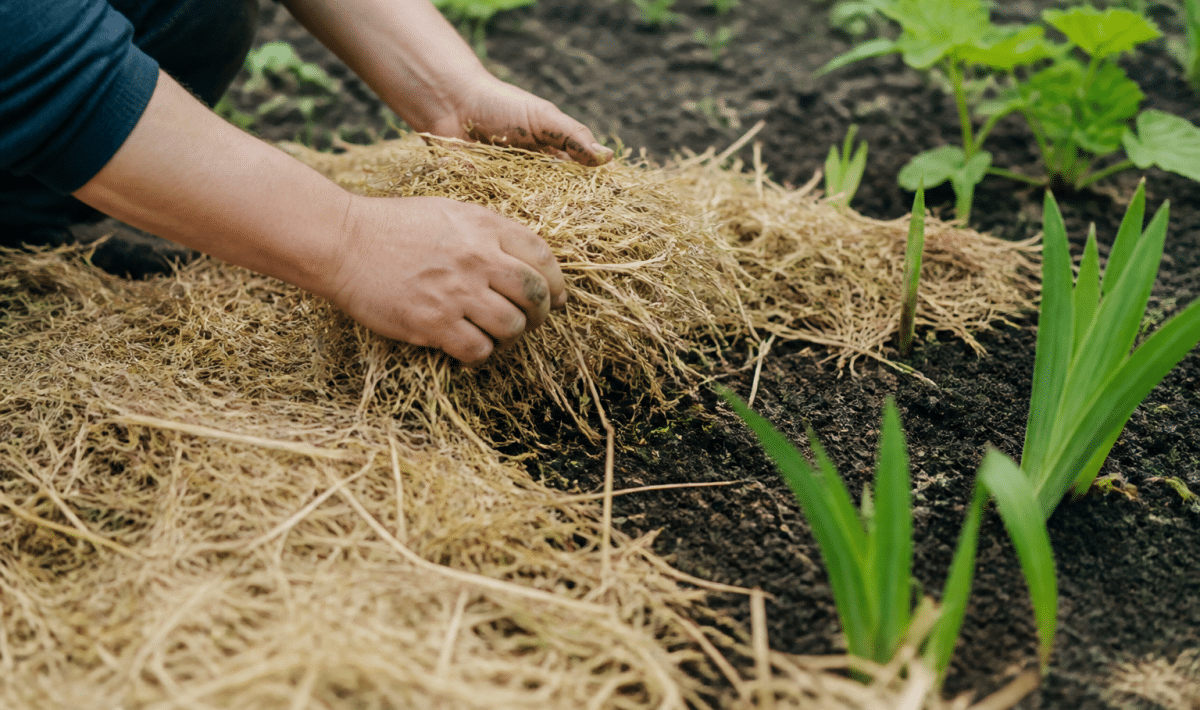 Mains étalant paille brune sur sol jardin