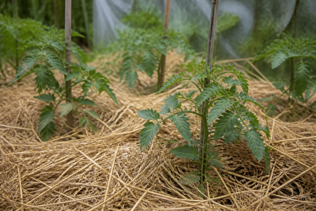 Paille seche autour plants tomates potager
