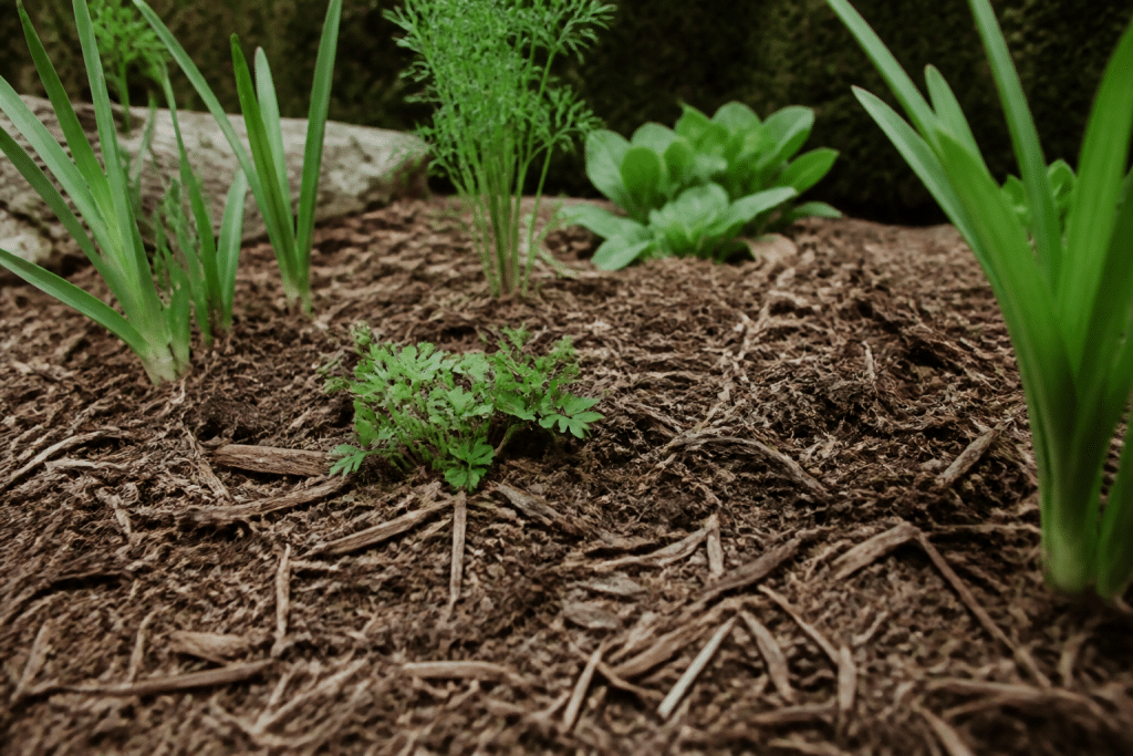 Paillis brun couvrant sol de jardin sur cinq centimetres