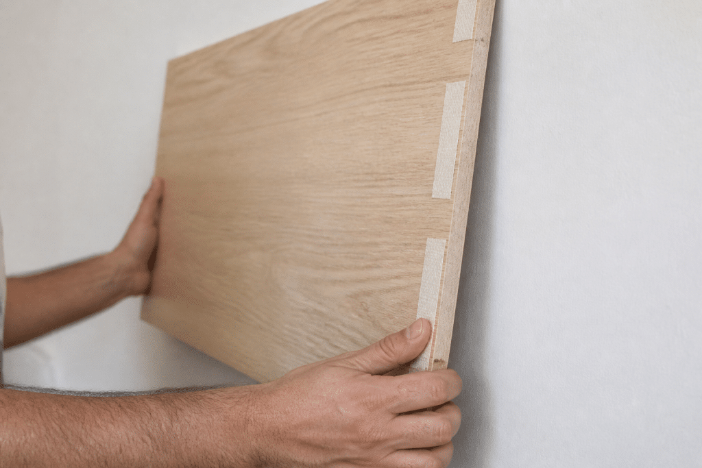 Panneau bois leger colle adhesif double face mur blanc