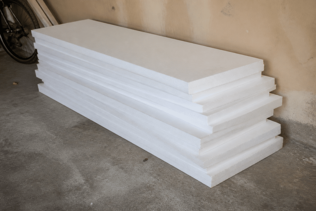 Panneaux isolants empilés sur sol beton garage