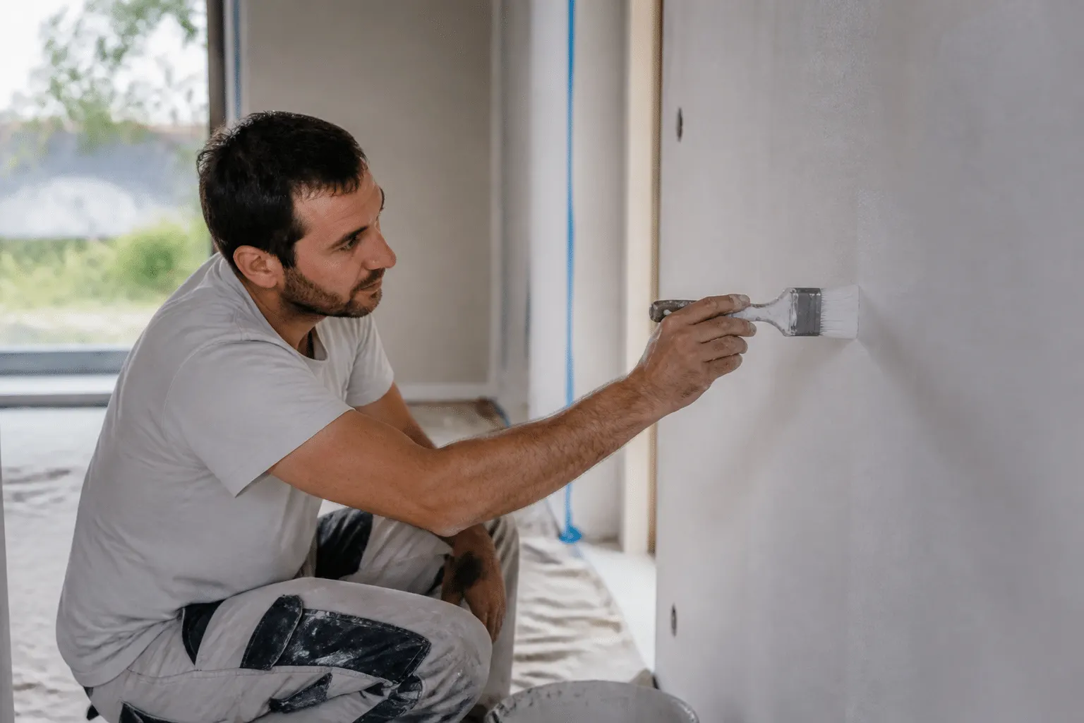 Peintre appliquant pinceau sur mur blanc intérieur