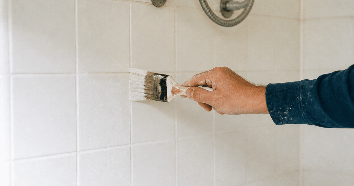 Pinceau appliquant produit coloré sur carrelage blanc douche