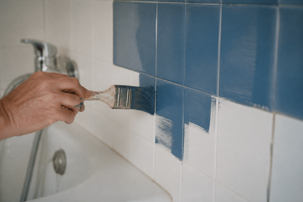 Pinceau appliquant peinture bleue sur carrelage blanc de salle bain