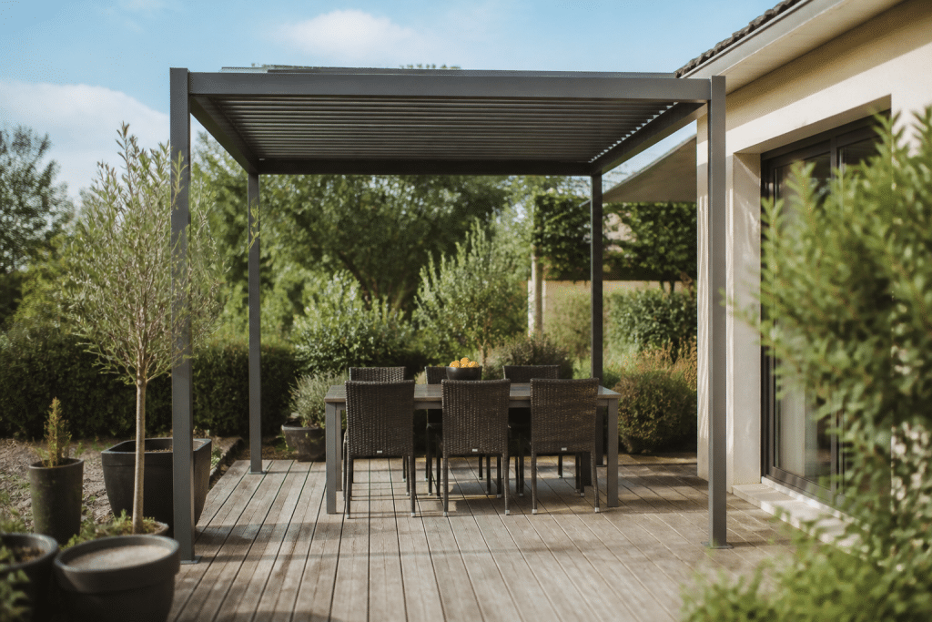 Pergola portable sur terrasse bois sans ancrages visibles