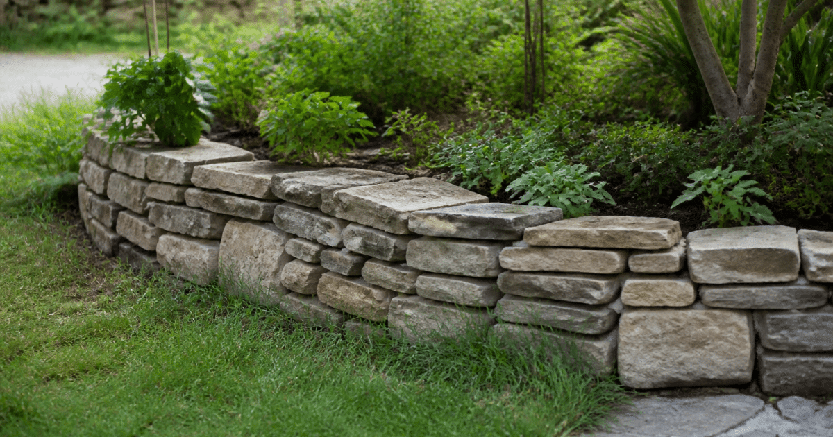 Pierres empilees formant parterre sureleve dans jardinage