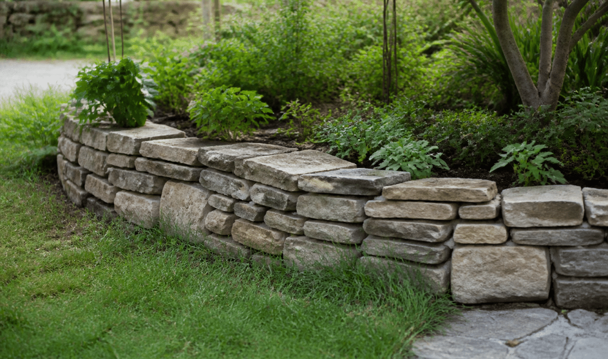 Pierres empilees formant parterre sureleve dans jardinage