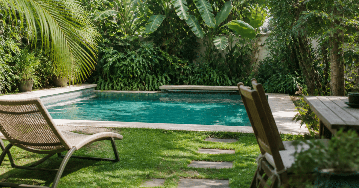 Piscine entouree de plantes vertes et mobilier exterieur