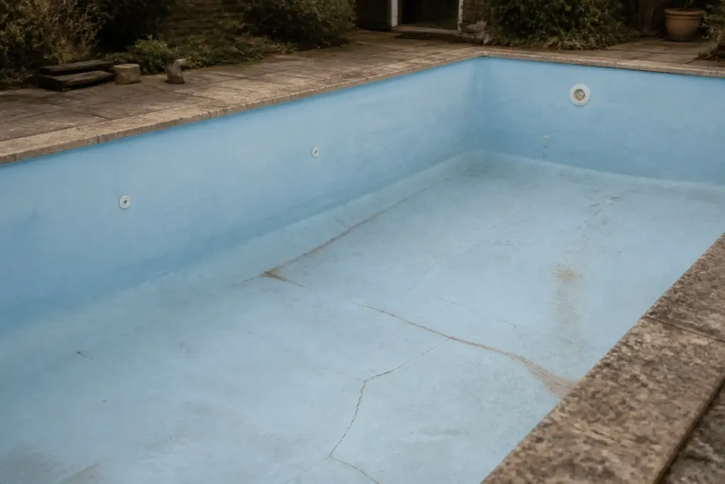 Piscine vide avec fissures visibles dans le bassin