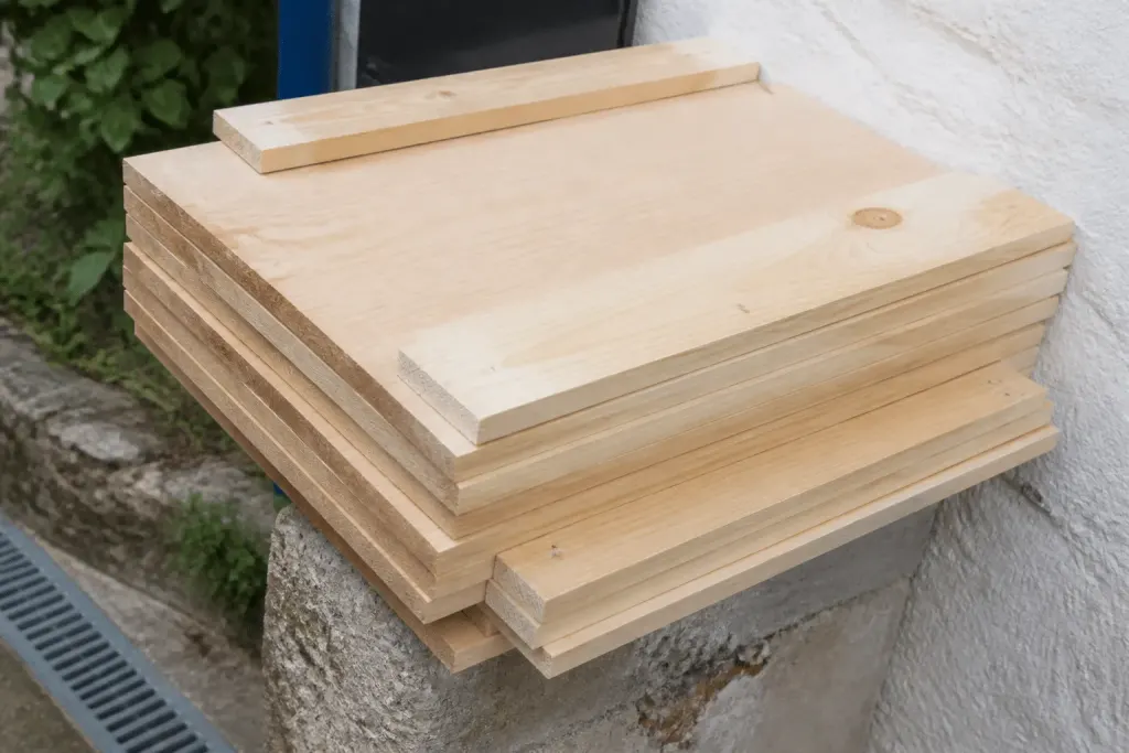 Planches de bois decoupees avec tasseaux d'angle pour jardiniere