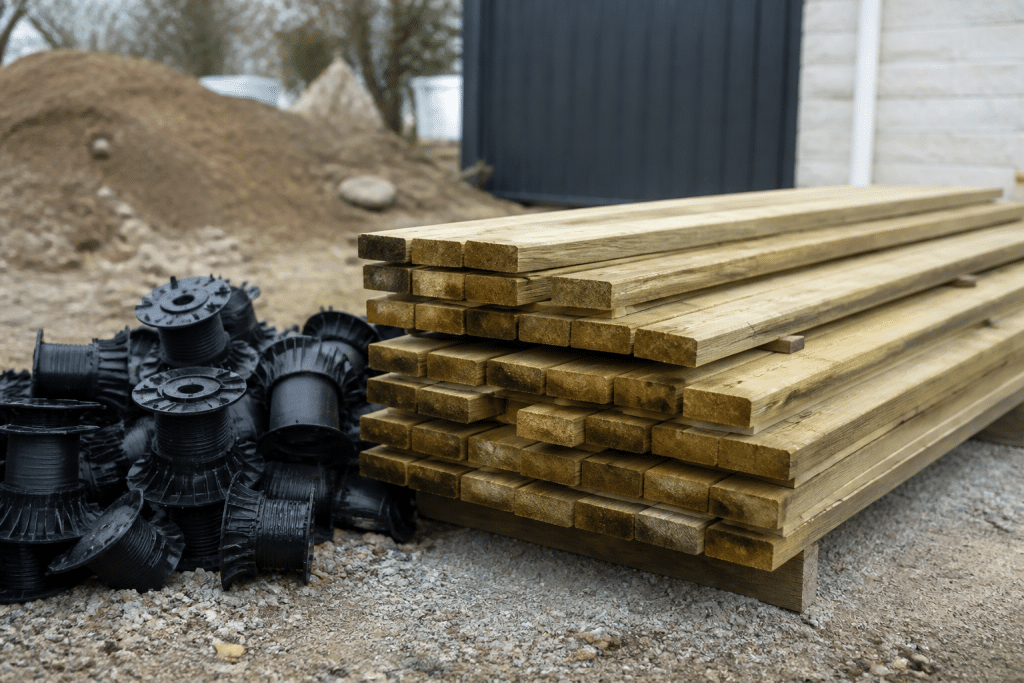 Plots PVC ajustables et lambourdes bois empilees sur chantier