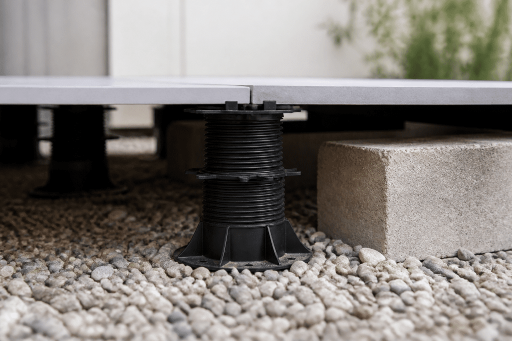 Plots PVC reglables et blocs beton sur surface terrasse