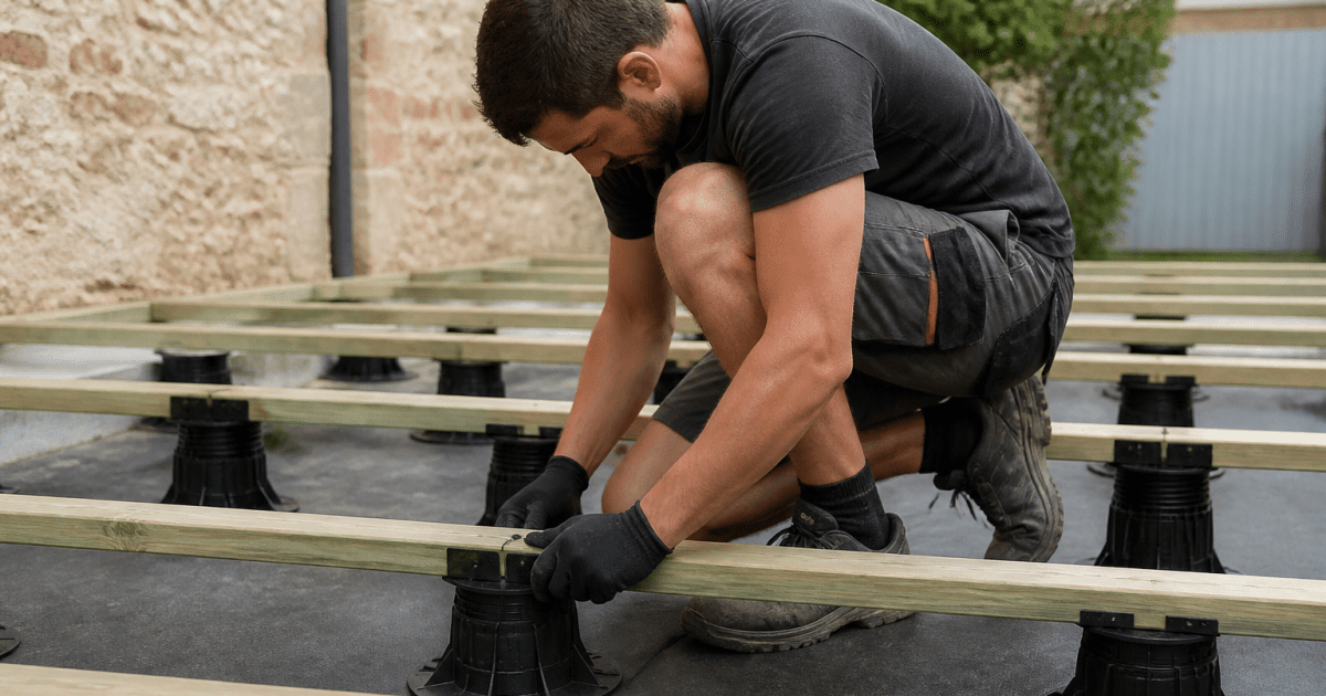 Ouvrier installe plots de support sous structure terrasse bois