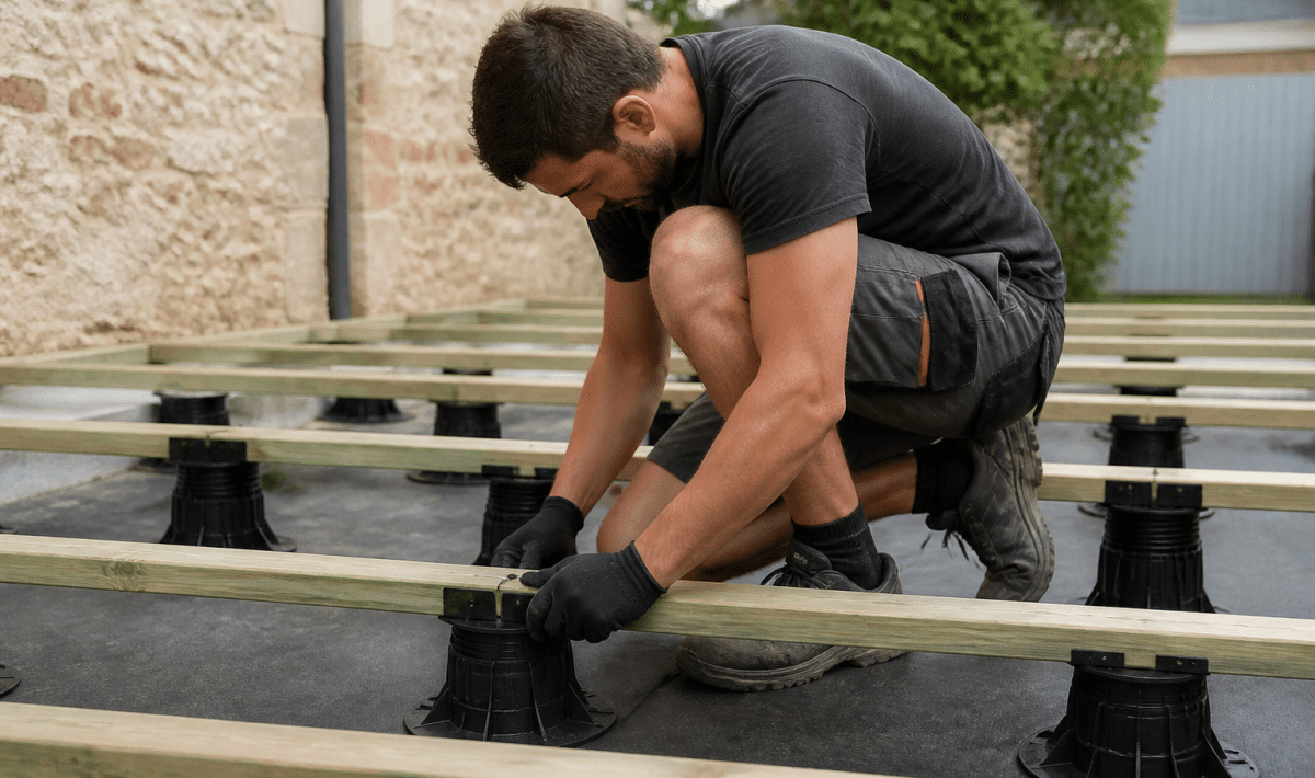 Ouvrier installe plots de support sous structure terrasse bois