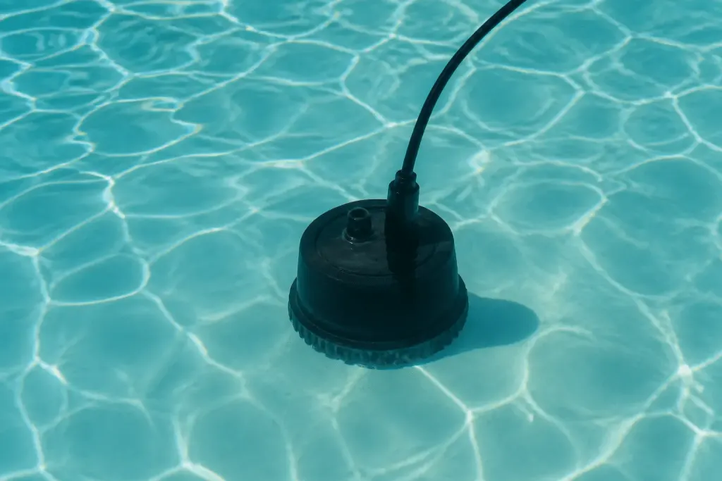 Pompe submersible noire immergee dans eau cristalline piscine