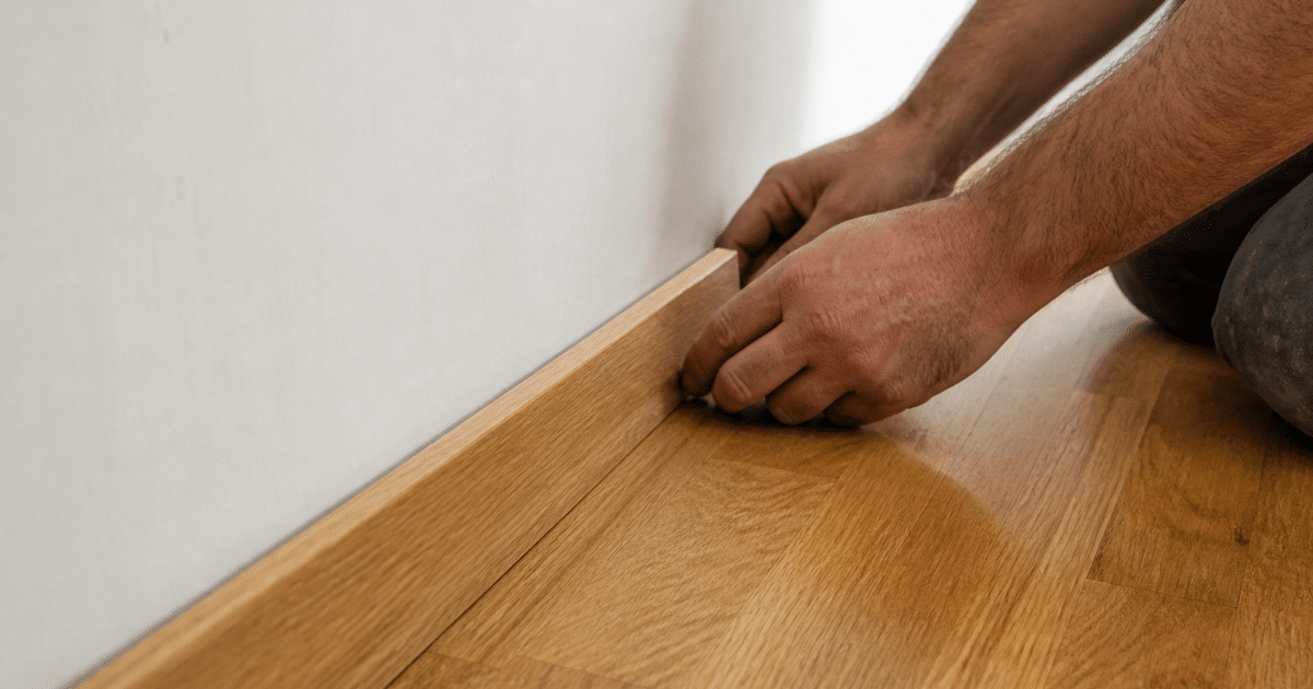 Main posant profil molding bois contre parquet au sol