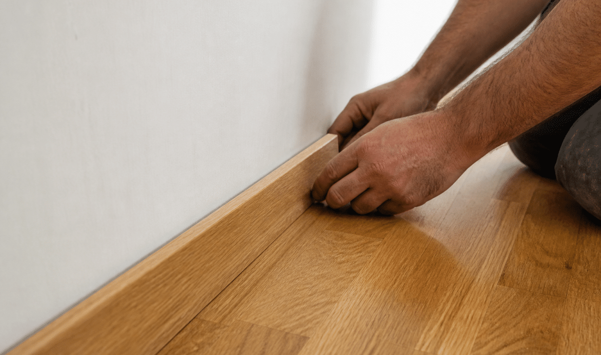 Main posant profil molding bois contre parquet au sol