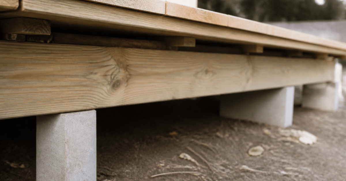 Poutre de bois horizontal supportant planches terrasse installees