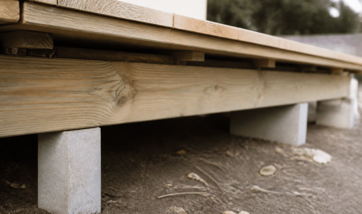 Poutre de bois horizontal supportant planches terrasse installees