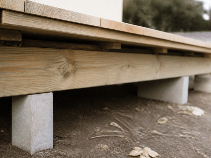 Poutre de bois horizontal supportant planches terrasse installees
