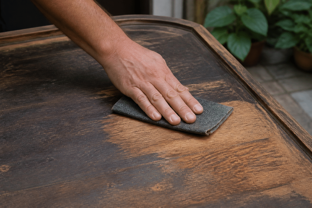 Main usant éponge abrasive sur surface bois ancien terni
