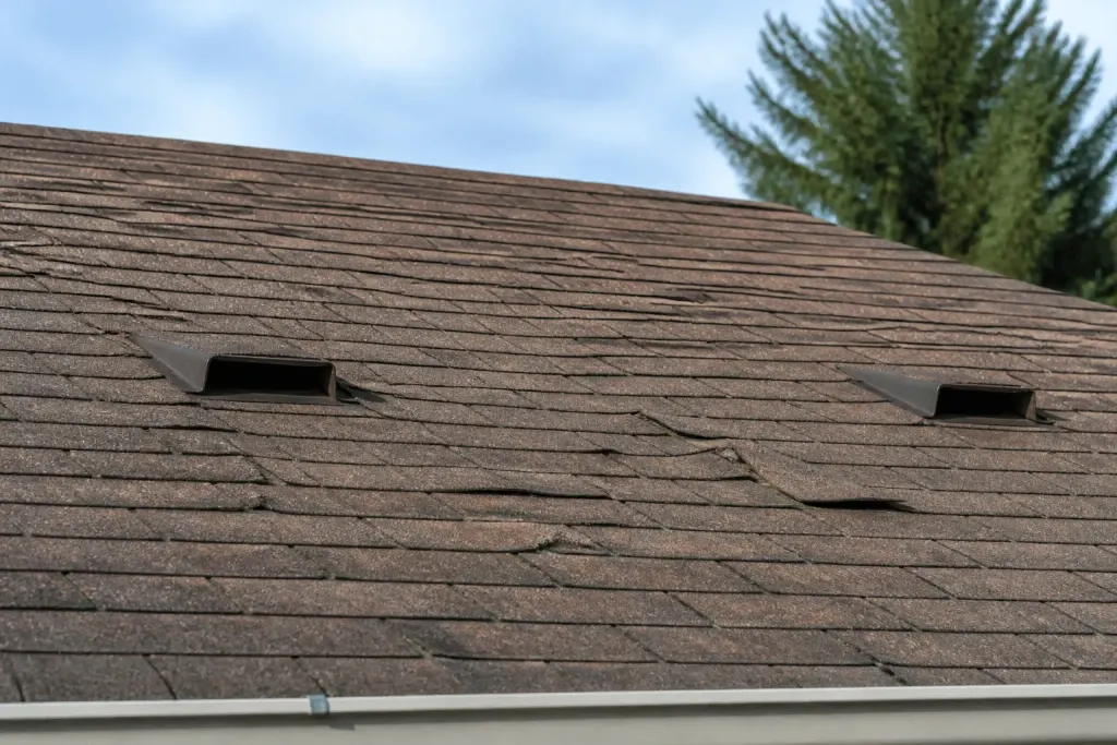 Toiture avec fissures entre tuiles et ouvertures de ventilation visibles