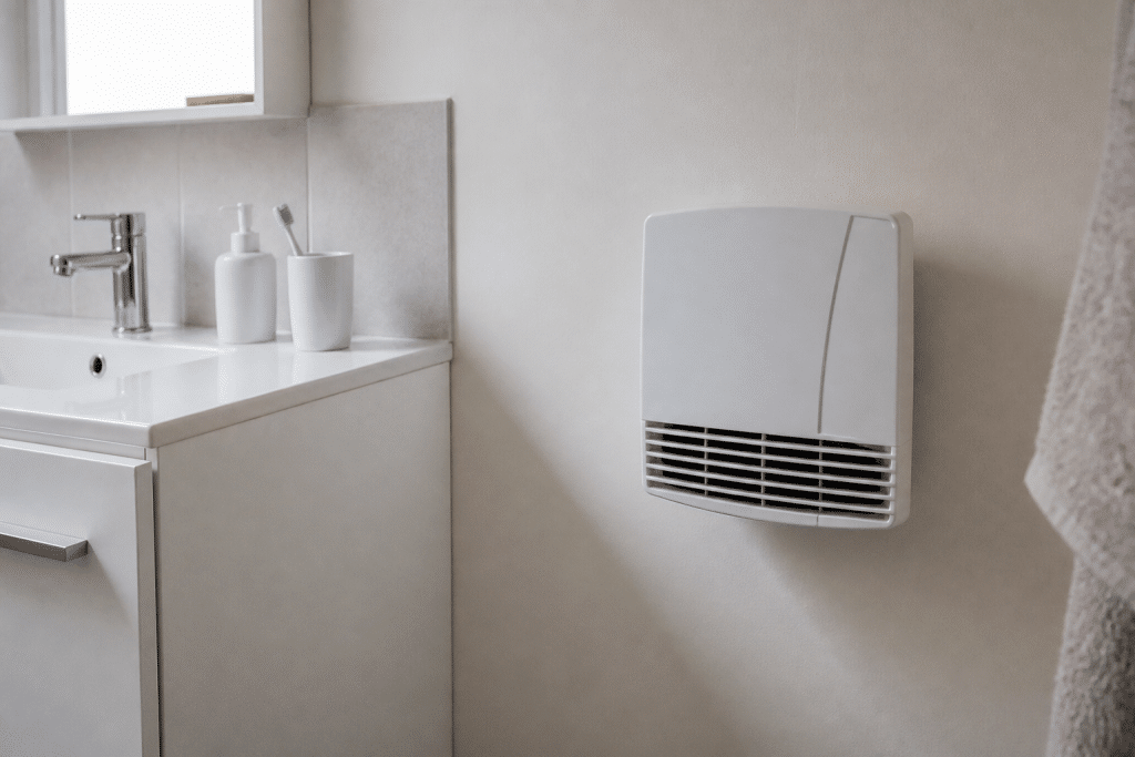 Petit radiateur soufflant blanc fixe au mur salle bain