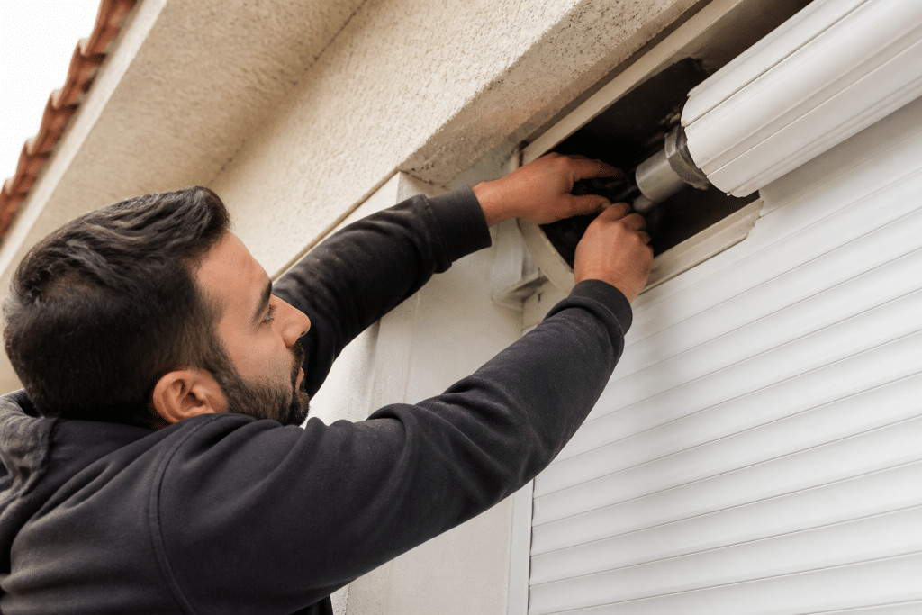 Technicien ajustant mécanisme motorisé de volet roulant blanc