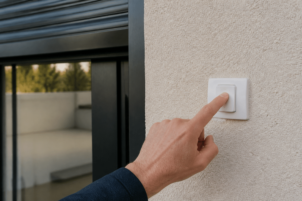Main appuyant sur bouton de reinitialisation volet roulant